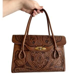 Stunning Leather craft Vintage Handbag Etched engraved cognac purse bag shoulder